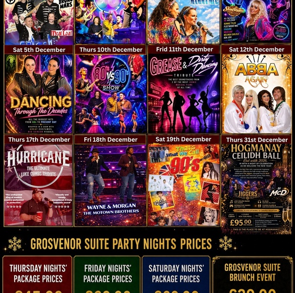 Christmas Party Nights 2026 poster at Glasgow Grosvenor Hotel promoting live shows, great food, event dates and Grosvenor Suite package prices