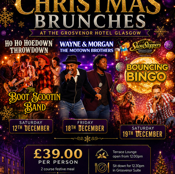 Christmas Brunches at Glasgow Grosvenor Hotel - live bands, Bouncing Bingo, 2-course festive meal with wine, DJ party, £39