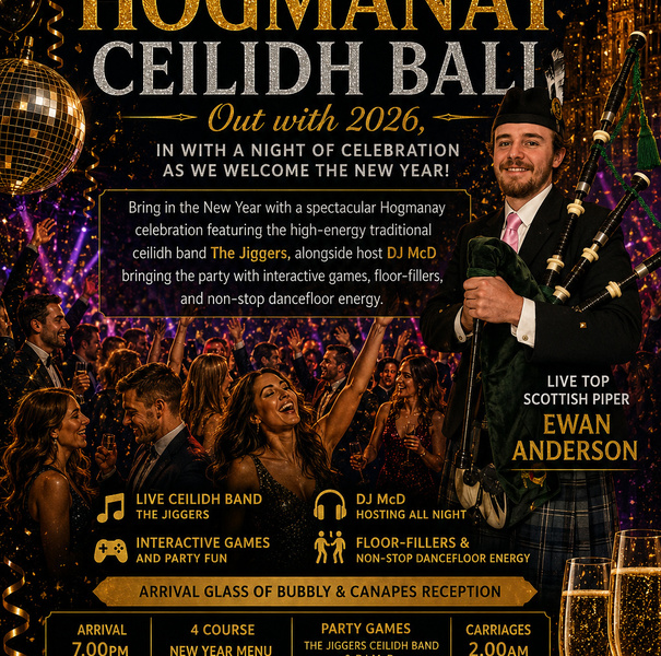 Hogmanay ceilidh ball poster: dancing crowd, bagpiper in kilt, disco ball and champagne flutes; promotes live band, DJ and bubbly reception.