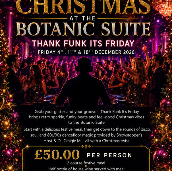 Christmas at the Botanic Suite: glittering ballroom party with DJ, dancing guests, chandeliers, cocktails and festive decorations