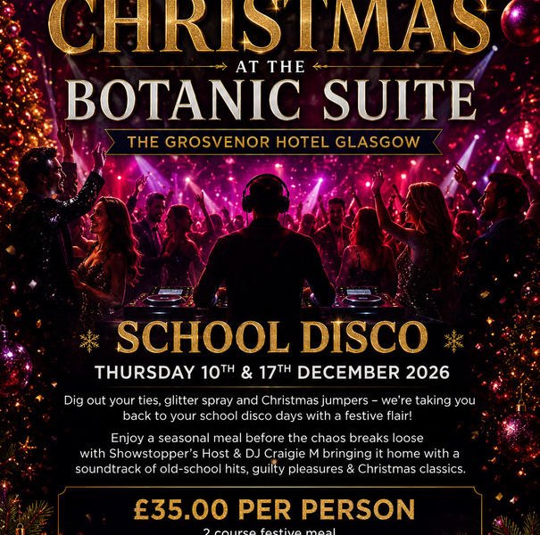 Festive hotel event in the Botanic Suite — DJ on stage, dancing crowd under a glittering disco ball and Christmas baubles