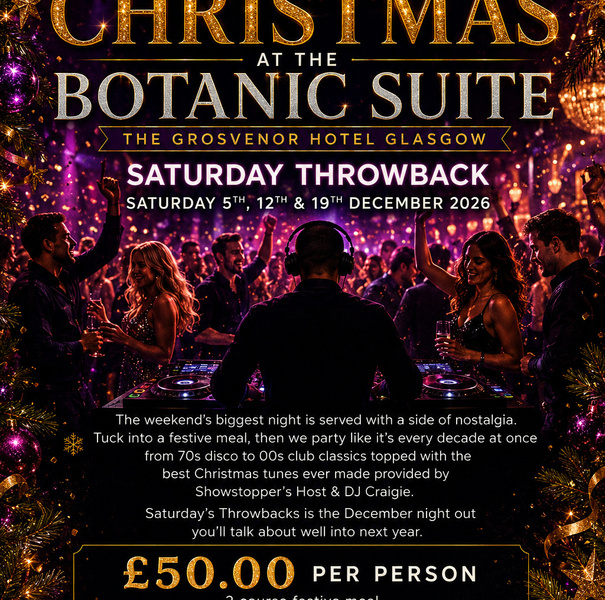 Christmas party poster: DJ at decks, dancing crowd, disco ball for Botanic Suite, Grosvenor Hotel Glasgow