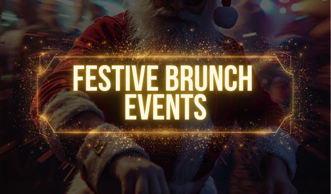 Santa DJ in sunglasses mixing at a lit DJ booth with golden sparkles, festive lights and bold 'Festive Brunch Events' sign.