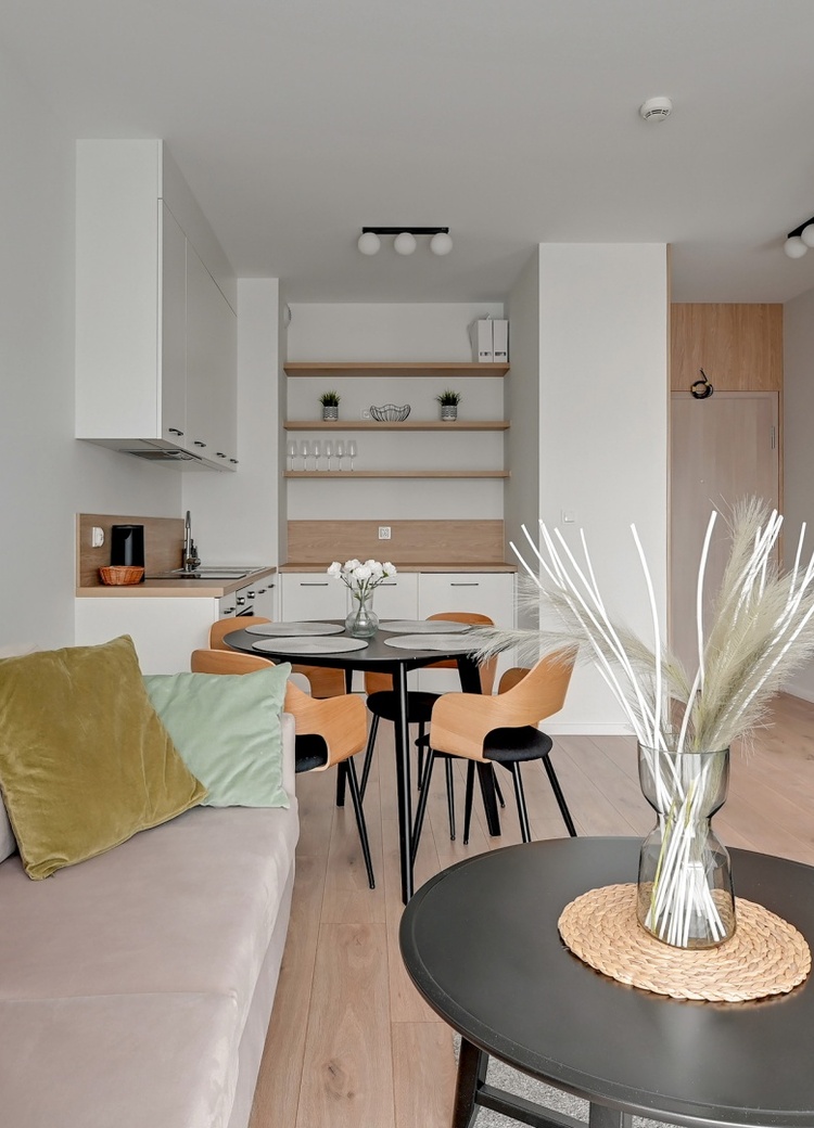 Moderne studioleilighet med kjøkkenkrok, rundt spisebord, sofa med fargerike puter, TV og dekorvase med pampasgress.