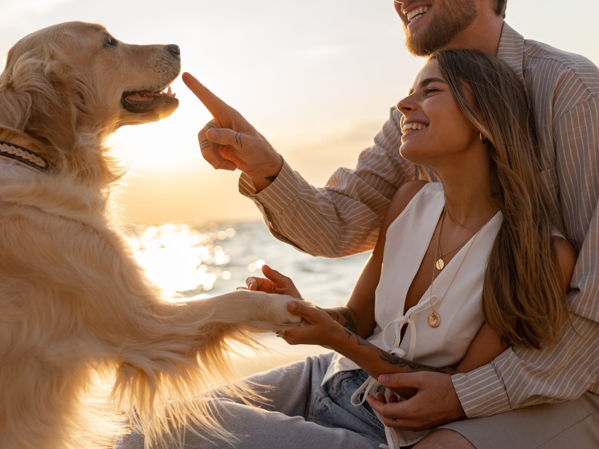 Para bawi się z golden retrieverem o zachodzie słońca na plaży, pies podaje łapę – przyjazne zwierzętom nadmorskie chwile