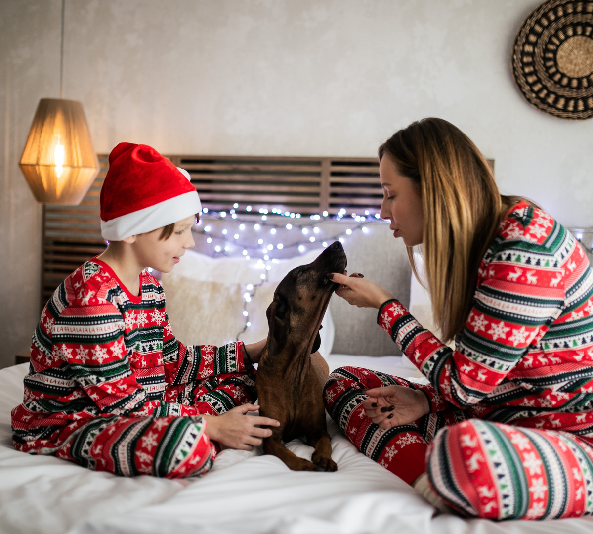 Kvinna och barn i matchande julpyjamas med hund på mysig hotellsäng, ljusslinga och varm lampa
