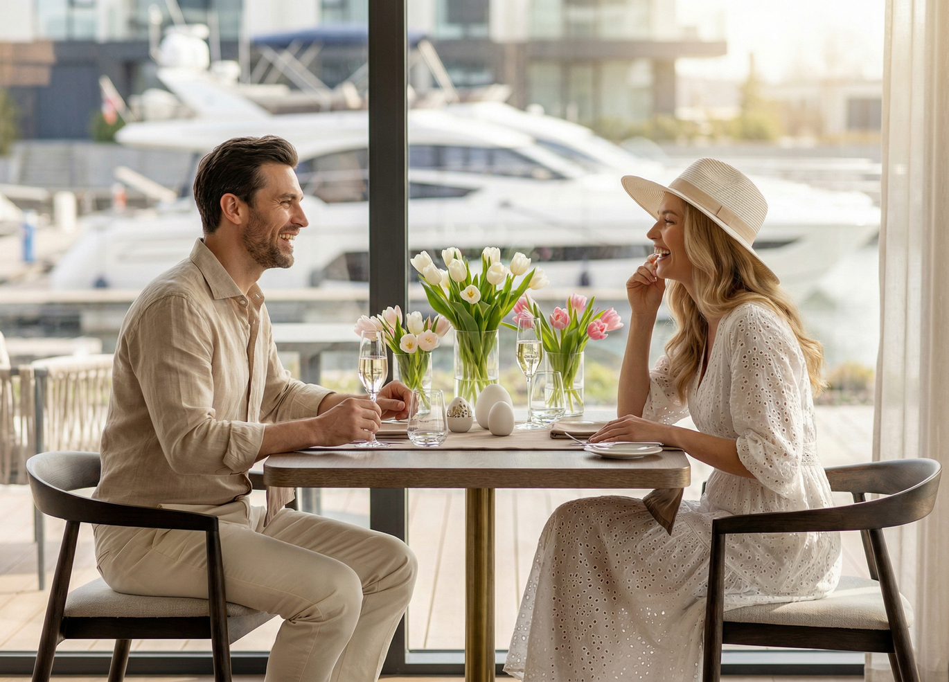 Para delektuje się szampanem przy słonecznym stoliku nad wodą; tulipany w wazonach i widok na jachty w marinie