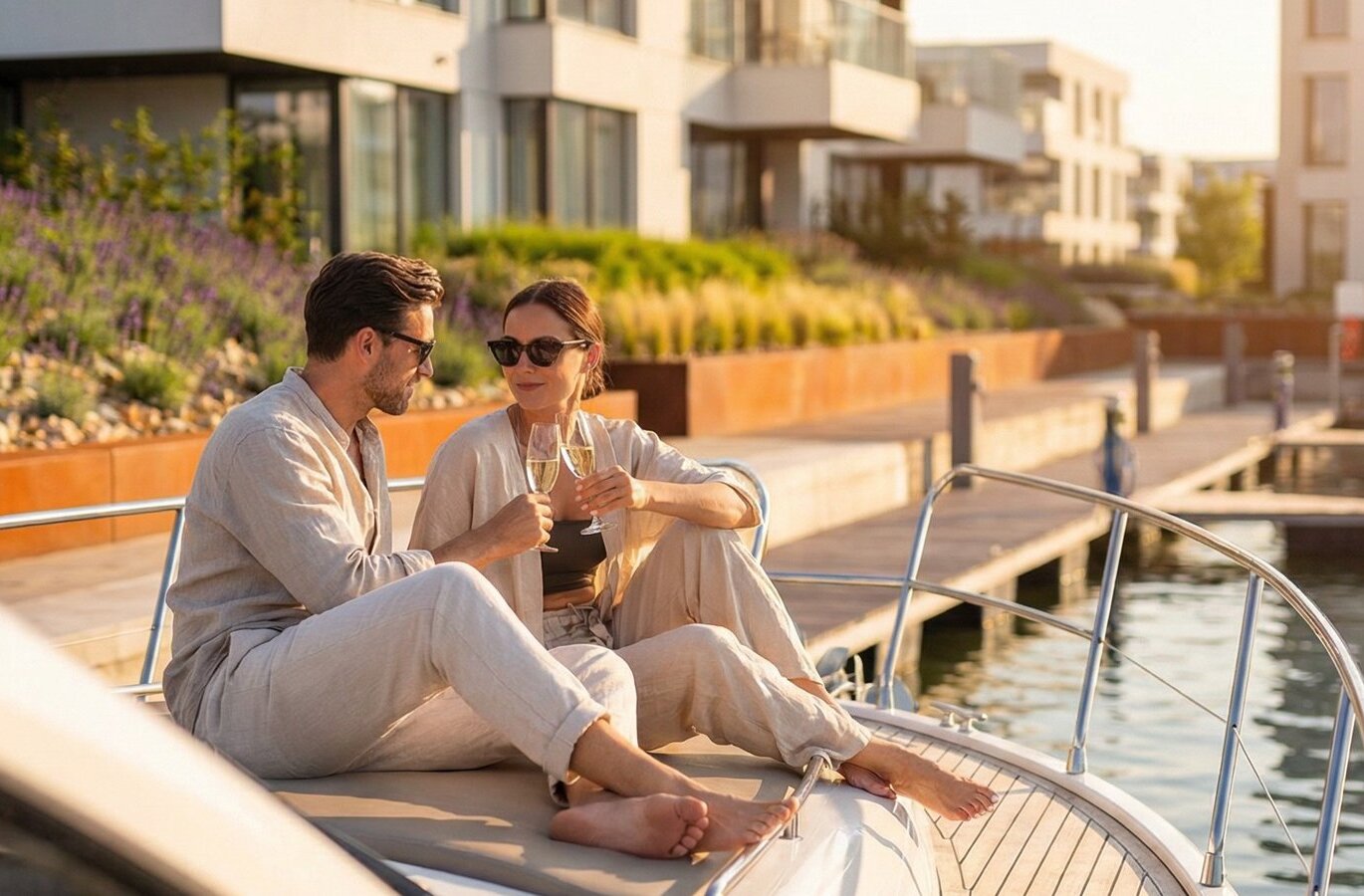 Par kopplar av på fördäck på en yacht i privat marina, skålar med champagne vid moderna sjölägenheter i solnedgång
