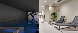 Wewnętrzny basen spa z niebieską mozaiką, stalową poręczą, kwiatową ścianą akcentową, leżakami i łagodnym oświetleniem.
