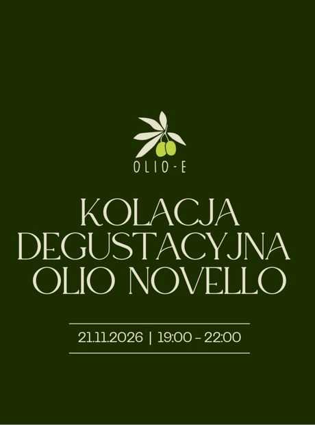 Elegancki ciemnozielony plakat kolacji degustacyjnej Olio Novello z gałązkami oliwek i datą wydarzenia