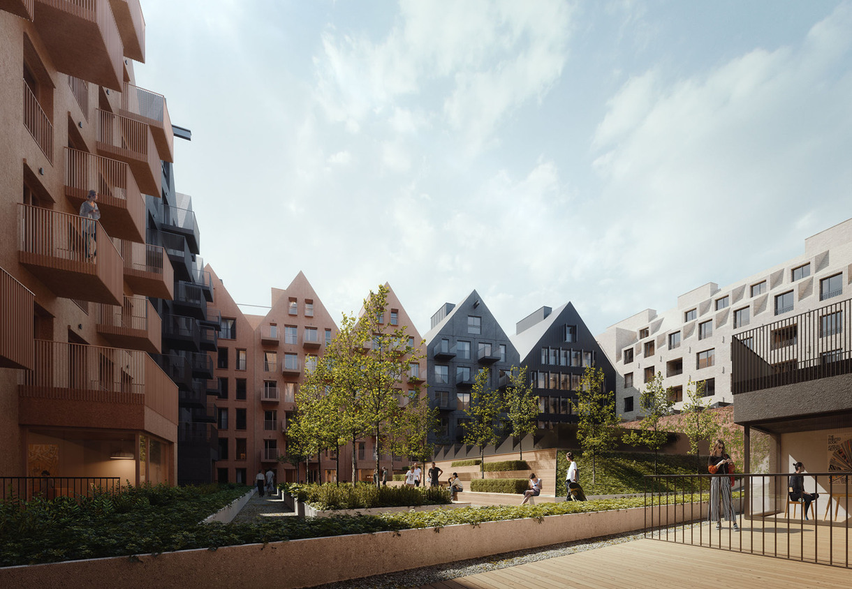 Modern hotel courtyard with gabled roofs, private balconies, landscaped gardens, trees and seating where guests stroll and relax