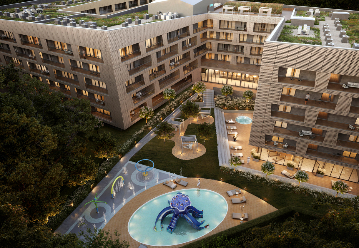 Modern hotel courtyard with oval children's splash pool featuring an octopus play structure, splash pad, sunbeds, small hot tub, wooden deck and balcony rooms