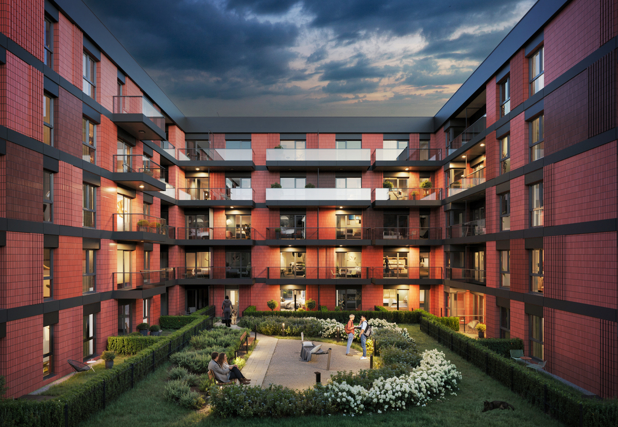 Modern red-brick hotel courtyard at dusk with private balconies, lit rooms, landscaped central garden and guests relaxing.