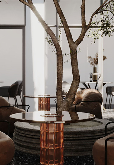 Modern hotel lounge with central indoor tree, plush brown leather armchairs, copper round tables and glass partitions