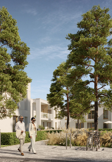Modern low-rise resort with balconies, shaded pine courtyard, sand volleyball court, bikes and couple strolling.