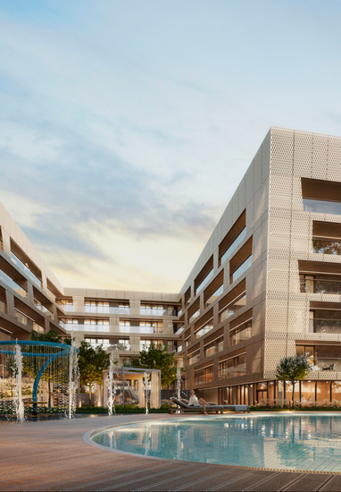 Modern U-shaped hotel with perforated façade and glass balconies overlooking a lit courtyard pool, fountains and loungers.