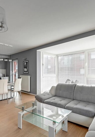 Bright modern open-plan living area with gray sectional sofa, glass coffee table, kitchenette and large windows