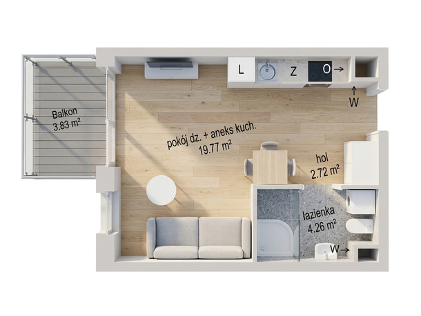 Studio with open kitchenette, sofa and dining table, compact bathroom with shower and washer, and 3.83 m² balcony.