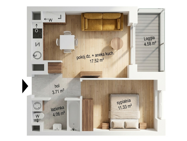 Compact apartment floorplan — living room with kitchenette, sofa and table, loggia 4.58 m², bedroom 11.33 m², bathroom, tub