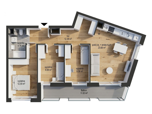 Three-bedroom apartment plan with open-plan living and kitchenette, dining area, balcony with glass railing, wood floors and full bathroom.