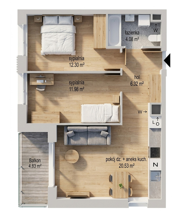 Two-bedroom apartment floor plan: open living area with kitchenette and dining, sofa, balcony, bathroom with tub.