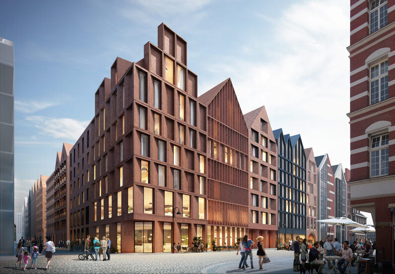 Contemporary gabled hotel and mixed-use buildings with large windows, street-level cafes, outdoor seating on a cobblestone plaza, people strolling