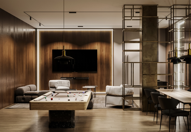 Modern hotel games lounge with pool table, plush lounge chairs, wall-mounted TV, dining table and warm wood paneling.