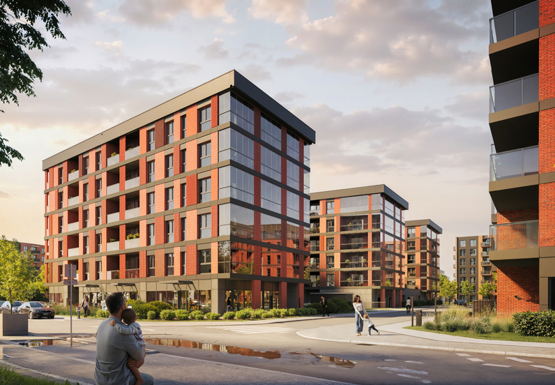 Modern mid-rise red-brick apartment complex with glass balconies, ground-floor shops, landscaped courtyard and families strolling at sunset.
