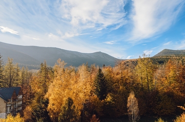 Jesienny las z widokiem na pasmo górskie wokół Green Mountain w Karpaczu.