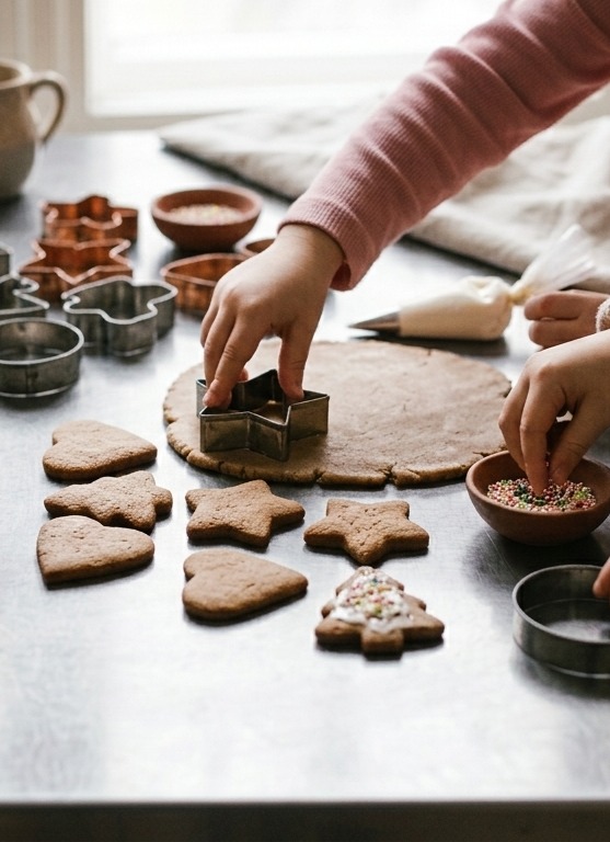 Kinder schneiden Weihnachtslebkuchen aus und dekorieren sie am Tisch, Green Mountain.