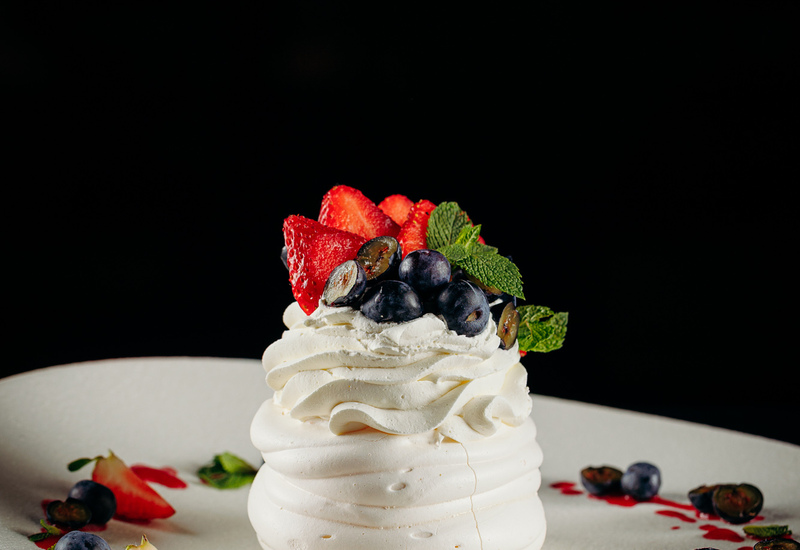 Meringue with fresh fruit at Green Mountain, Karpacz.
