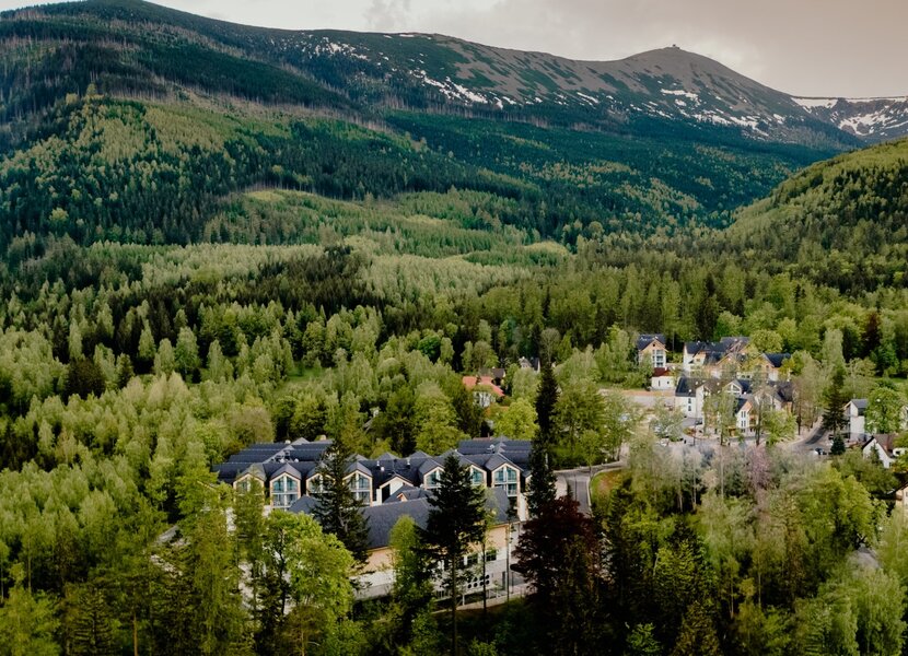 budynki apartamentów wśród natury z widokiem na góry