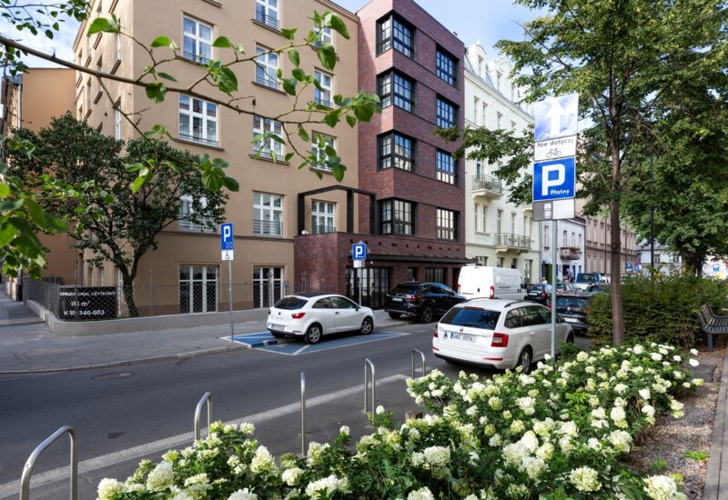 Z przodu znajdują się kwitnące krzewy. Za nimi widać ulicę i kamienice.