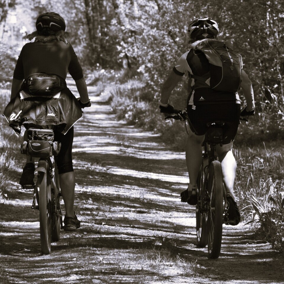 Dwóch rowerzystów jedzie leśną ścieżką w cieniu, w kaskach i plecakach, światło przebija przez drzewa na ścieżce.