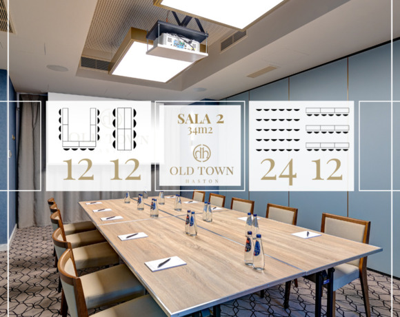 Nowoczesna przestrzeń konferencyjna z ustawieniem stołów w stylu szkoleniowym,