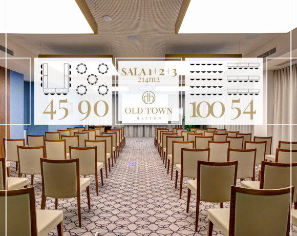 Nowoczesna przestrzeń konferencyjna z ustawieniem stołów w stylu szkoleniowym, jasne wnętrze