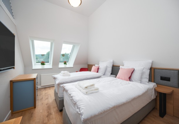 Jasny pokój hotelowy z dwoma pojedynczymi łóżkami, białą pościelą i różowymi poduszkami, z widokiem przez skośne okna.