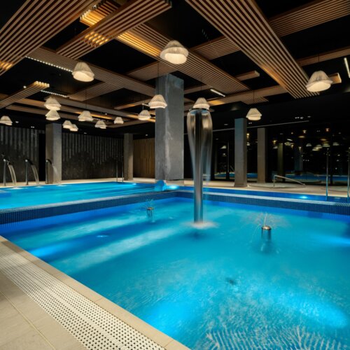 Luksusowy basen spa z wodospadami i nowoczesnym oświetleniem w eleganckim, stonowanym wnętrzu z drewnianym sufitem.