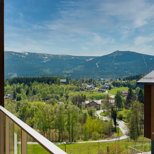 Berg- und Waldlandschaft von einem Hotelbalkon mit Holzakzenten und Glasgeländer bei blauem Himmel
