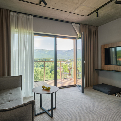 Modernes Hotelzimmer mit grauem Sofa, kleinem Tisch, großem Fernseher und Balkon mit Berg- und Waldblick.