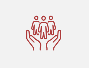 Piktogram grupy ludzi otoczonych troskliwymi dłońmi