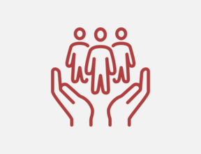 Pictogram of a group of people surrounded by caring hands