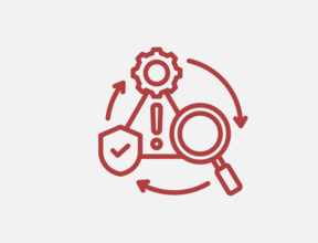 A collection of pictograms representing a magnifying glass, a mechanism, a warning sign and a shield