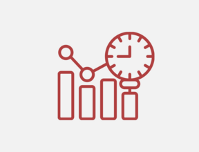 A pictogram showing a clock on a background of charts