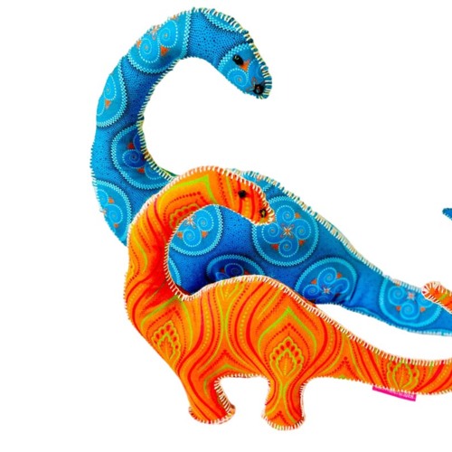 Two colorful fabric dinosaur toys with detailed stitching and vibrant patterns in blue and orange hues