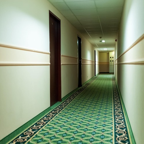 Korytarz hotelowy z elegancką zieloną, wzorzystą wykładziną, neutralnymi ścianami, stylowymi ciemnymi drzwiami i miękkim, nastrojowym oświetleniem – komfortowy wypoczynek i przytulna atmosfera w Hit Hotel w Warszawie blisko stacji metra Dworzec Wileński.