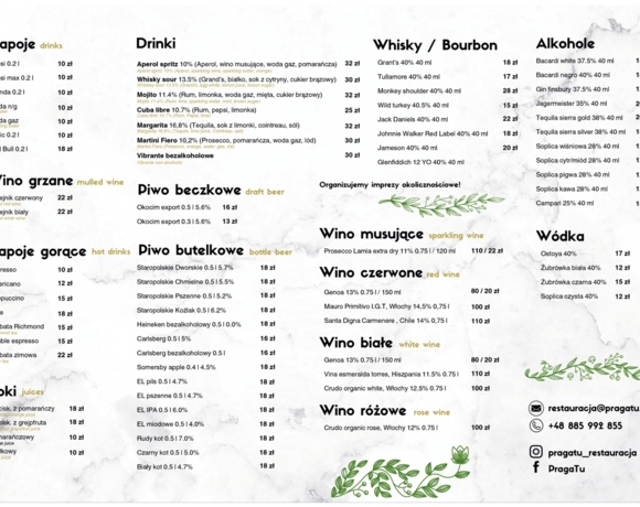 Karta napojów restauracji PragaTu w Hit Hotelu