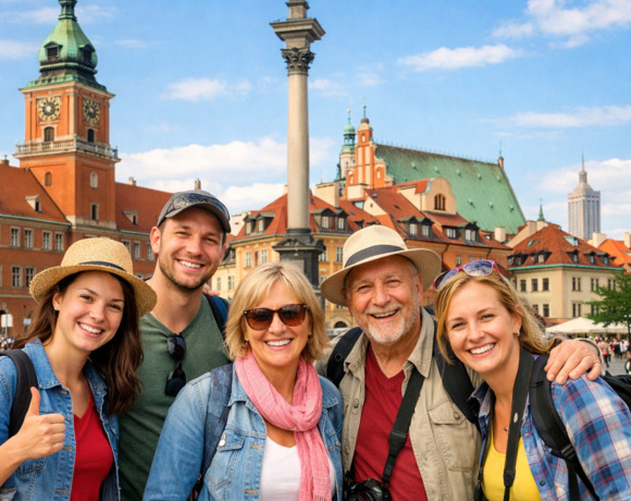Grupa uśmiechniętych turystów przed zabytkową kolumną i kolorowymi kamienicami Starego Miasta Warszawy, na tle błękitnego nieba.