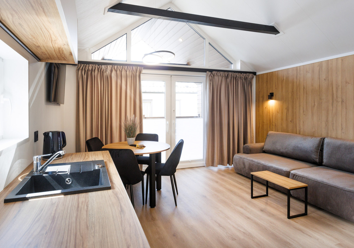 Nowoczesny pokój hotelowy z aneksem kuchennym, jadalnią, dużą sofą i drewnianymi wykończeniami, jasne światło dzienne