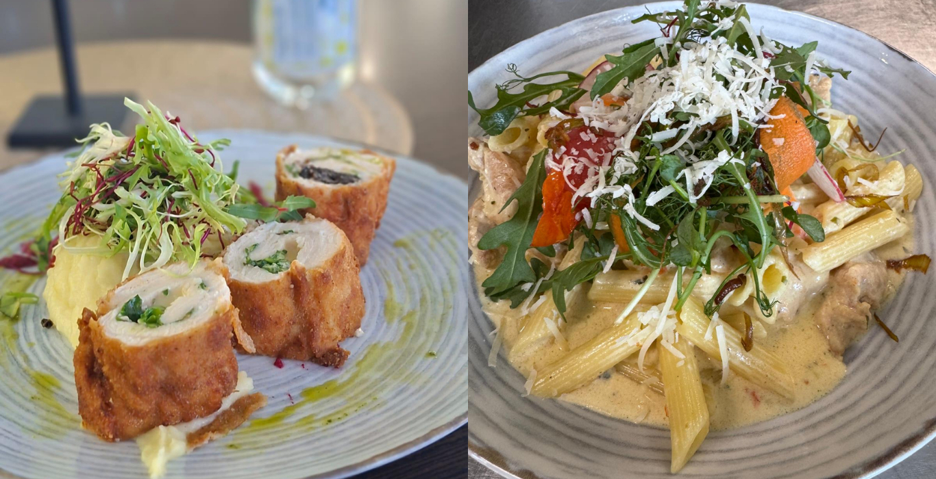 Chrumkavá kuracia roláda so zemiakovou kašou a frisée; krémové penne s parmezánom, rukolou a strúhaným syrom